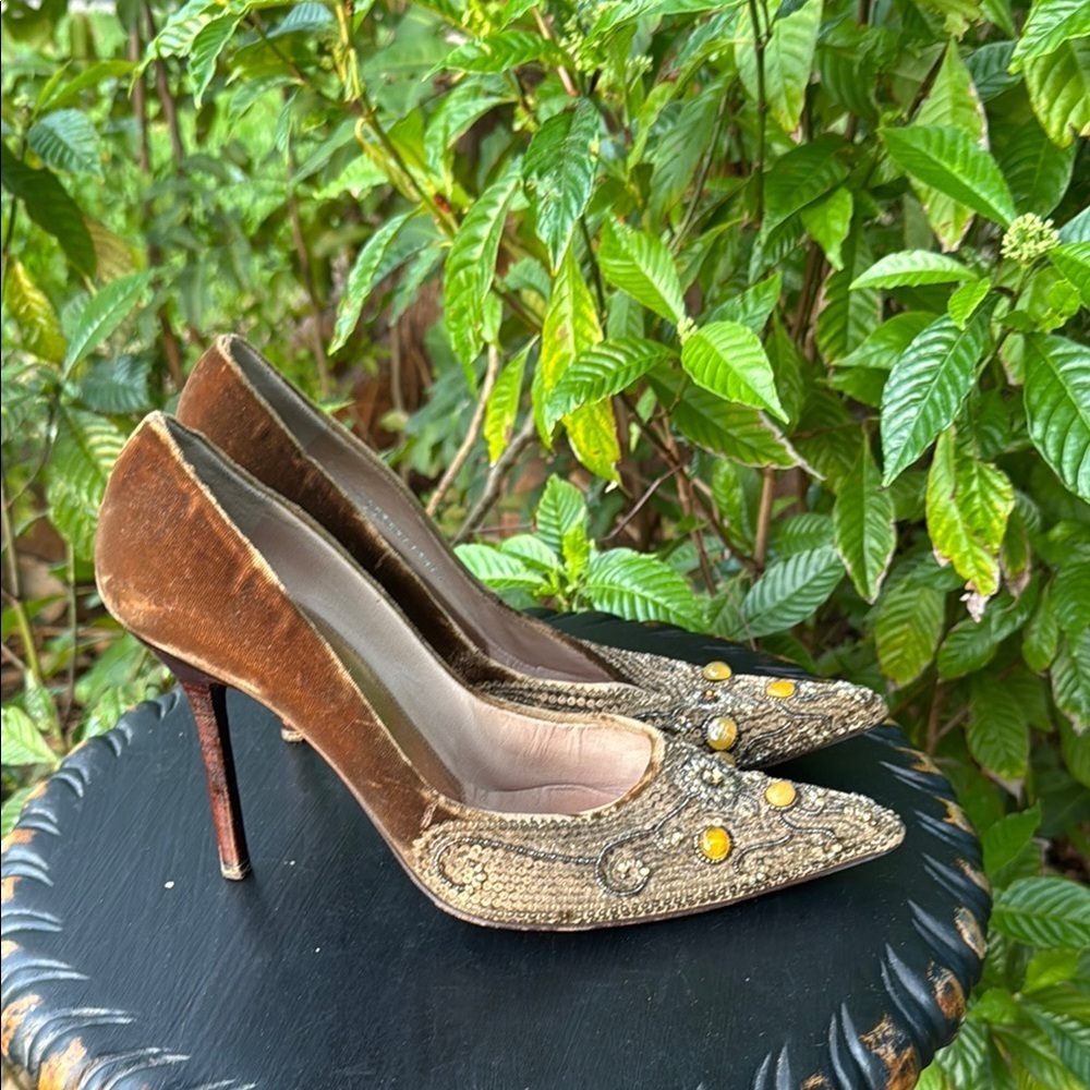 Pollini Brown Velvet and Gold Embellished Pointed Toe Heels